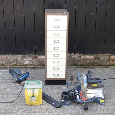 Lot 379 - An electric chop saw, together with a hedge...