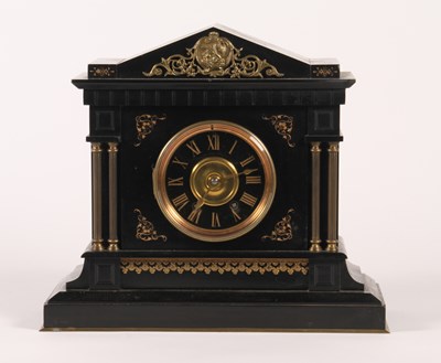 Lot 174 - A Victorian black slate mantel clock, the case...