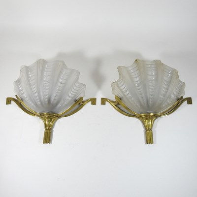 Lot 183 - A pair of Art Deco brass and glass shell wall lights
