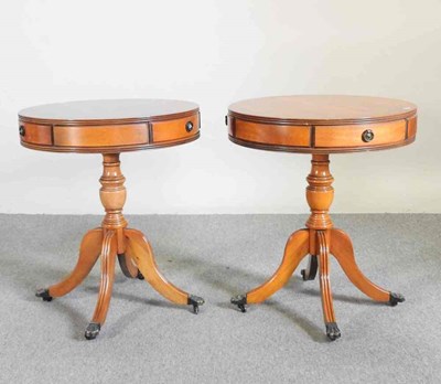 Lot 446 - A pair of reproduction yew wood circular lamp...