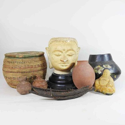 Lot 467 - A plaster head of Buddha, on an ebonised stand,...
