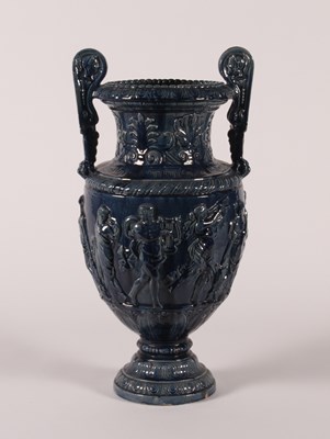 Lot 19 - A large blue glazed majolica urn, 19th century,...