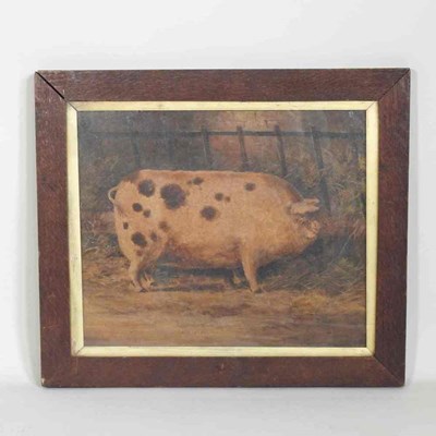 Lot 501 - English school, a black spotted pig in a sty,...