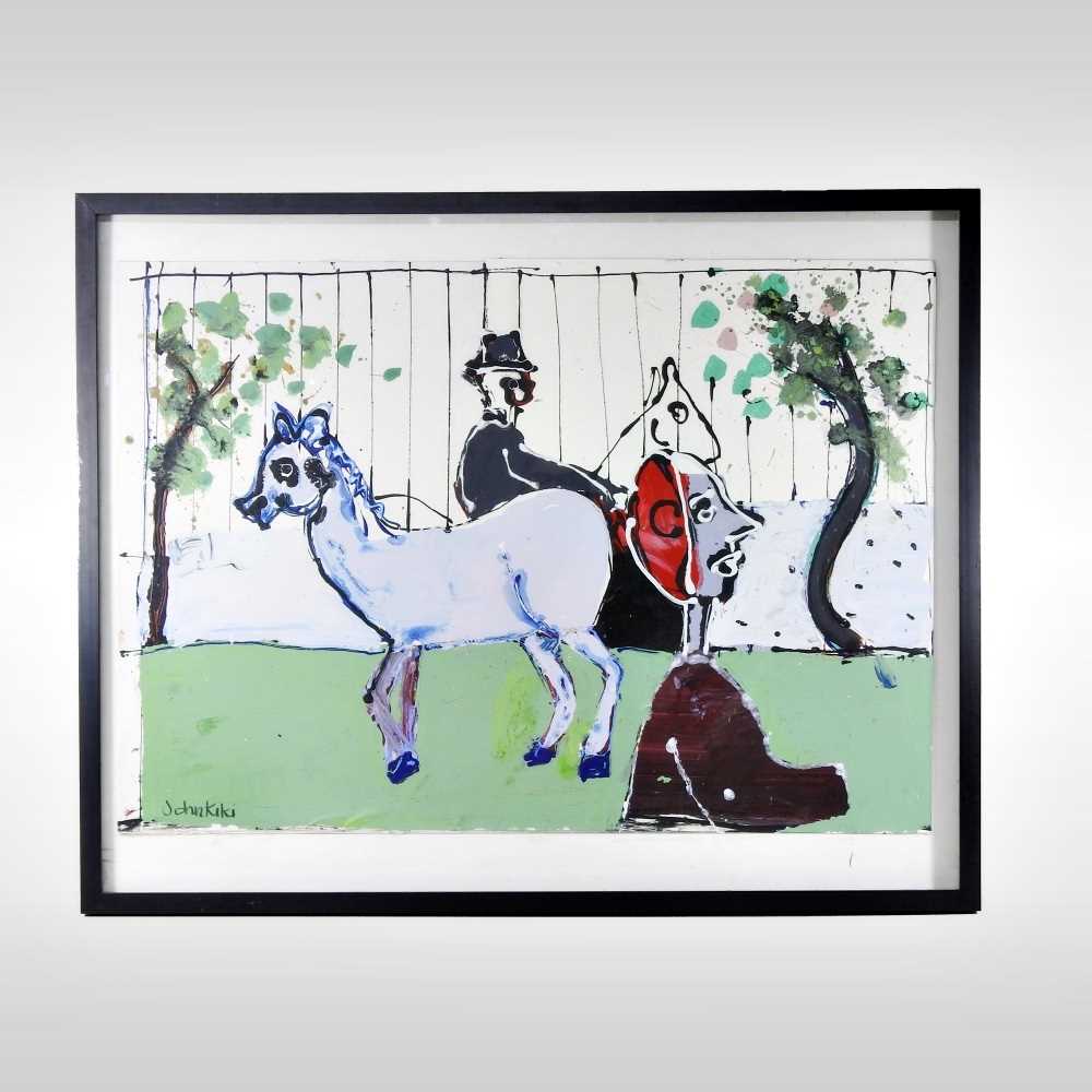 Lot 54 - John Kiki, b1943, landscape with figures and a...