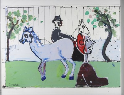Lot 54 - John Kiki, b1943, landscape with figures and a...
