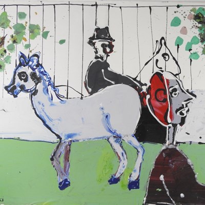 Lot 54 - John Kiki, b1943, landscape with figures and a...