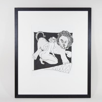 Lot 49 - John Kiki, b1943, woman with a lion, etching,...