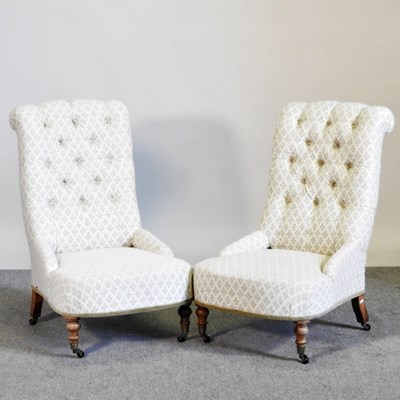 Lot 606 - A pair of Victorian cream upholstered button...