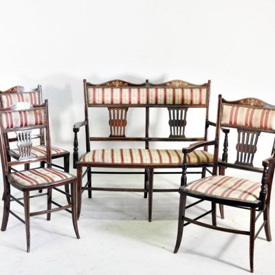 Lot 577 - An Edwardian marquetry salon suite, with...