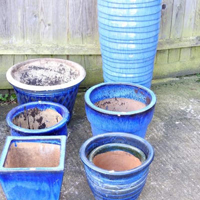 Lot 351 - A collection of six blue glazed garden pots (6)