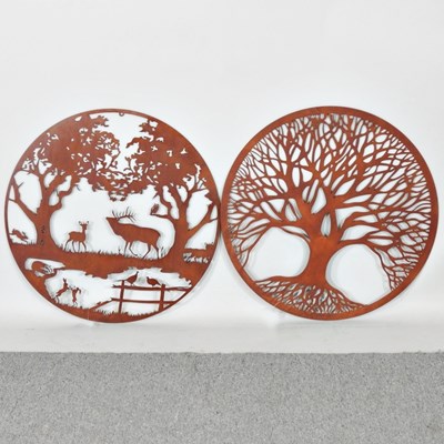 Lot 559 - A rusted metal garden panel of a tree, 62cm...