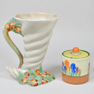 Lot 164 - A Clarice Cliff Crocus pattern preserve jar...