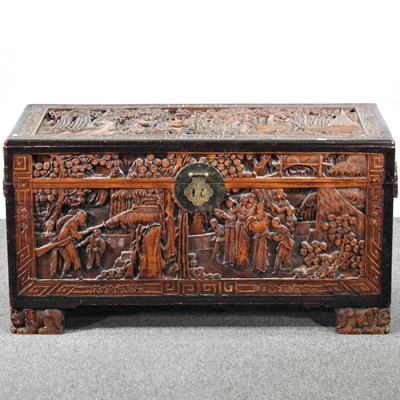 Lot 454 - A Chinese carved camphorwood chest, mid 20th...