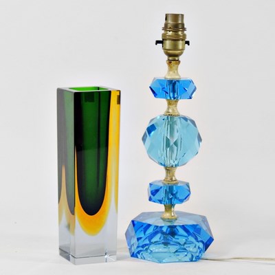 Lot 267 - A blue cut glass lamp base, 32cm high,...