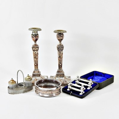 Lot 508 - A pair of silver plated table candlesticks,...