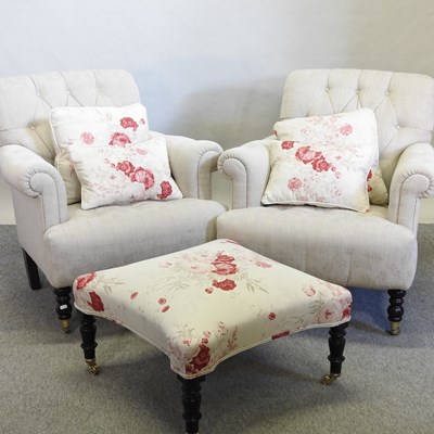 Lot 513 - A pair of modern cream upholstered button back armchairs