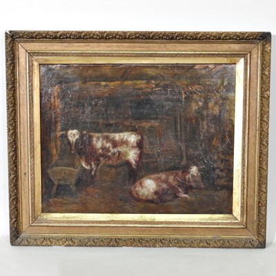 Lot 451 - English School, 19th century, cattle in a barn,...