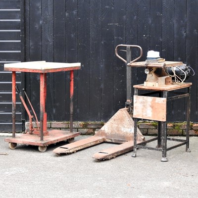 Lot 315 - A saw bench, together with a workshop press...