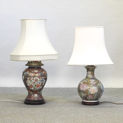 Lot 521 - A large oriental pottery table lamp and shade
