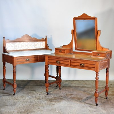 Lot 237 - An Edwardian satin walnut marble top washstand,...