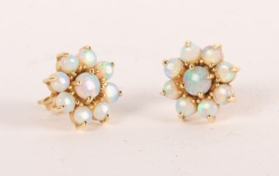 Lot 69 - A pair of yellow metal opal earrings, unmarked,...