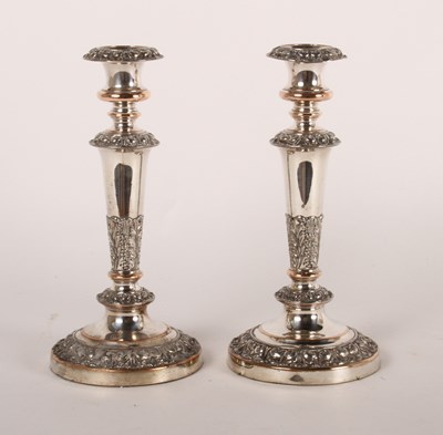 Lot 112 - A pair of Sheffield silver plated candlesticks,...