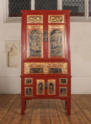 Lot 149 - A Chinese red lacquered and gilt decorated...