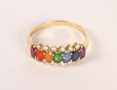 Lot 68 - An 18ct gold rainbow gem set half hoop ring, 3....