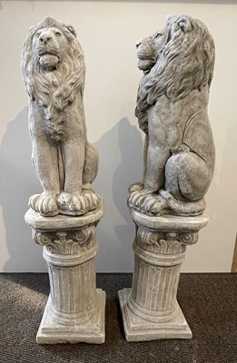 Lot 387 - A pair of large reconstituted stone lions on...