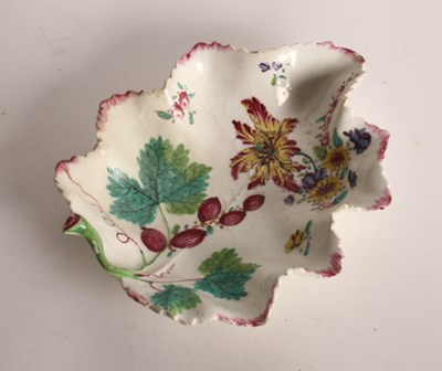 Lot 156 - A Bow porcelain leaf dish, circa 1750, enamel...