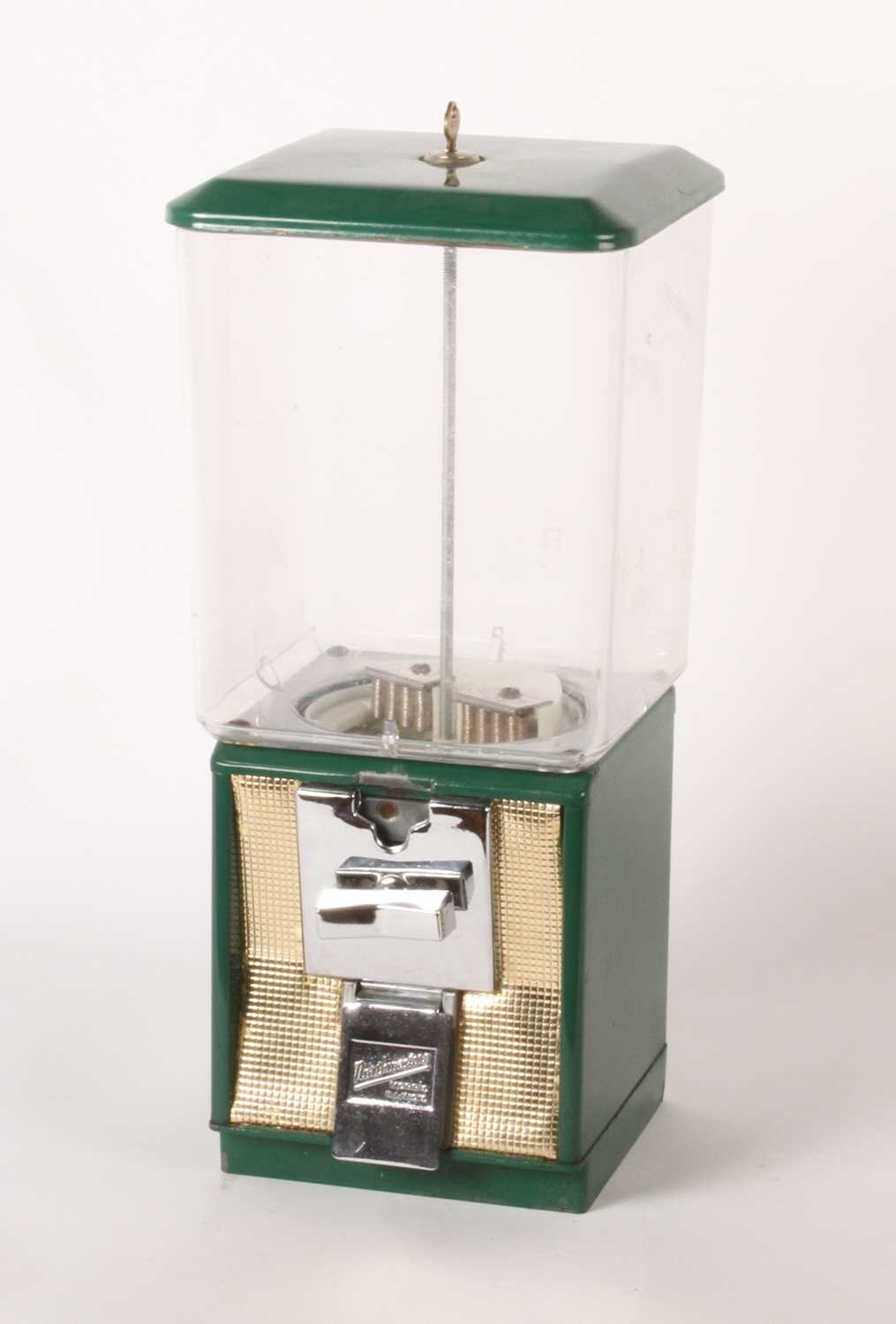 Lot 342 - A green metal vending or gumball machine,...