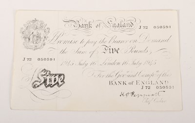 Lot 408 - A 1945 white five pound Bank of England...
