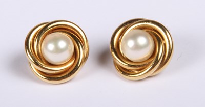 Lot 207 - A pair of 18ct yellow gold pearl earrings,...