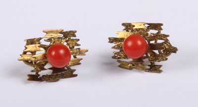 Lot 256 - A pair of 18 carat yellow gold and coral...