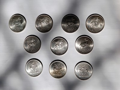 Lot 324 - South Africa, ten silver 1 Rand coins, dates...