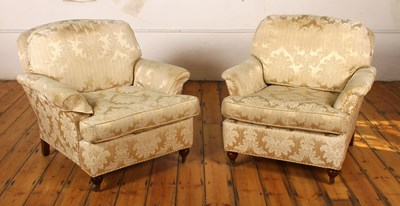 Lot 226 - A pair of cream silk damask upholstered lounge...