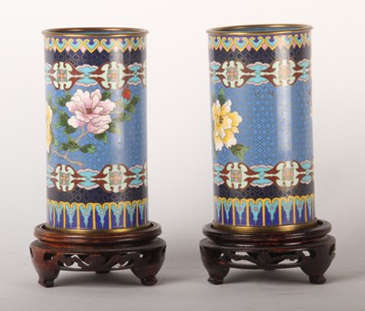 Lot 409 - A pair of Chinese cloisonne enamel cylinder...