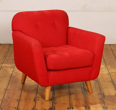Lot 418 - A modern red upholstered armchair, on splayed...