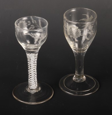 Lot 220 - Two similar wine glasses, circa 1750, each...