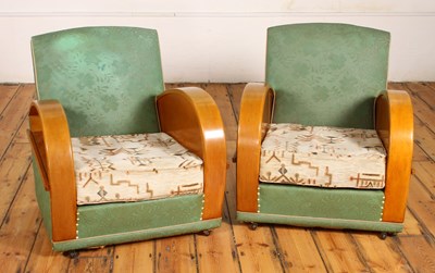 Lot 321 - A pair of Art Deco green upholstered armchairs,...
