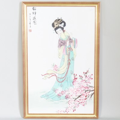 Lot 417 - A Japanese silkwork picture, of a lady, 79 x 48cm