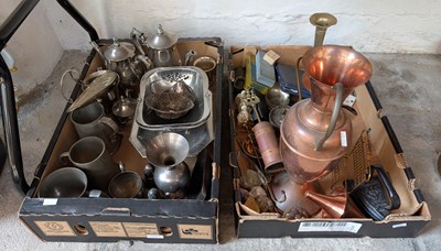 Lot 573 - Two boxes of metalwares, to include copper and...