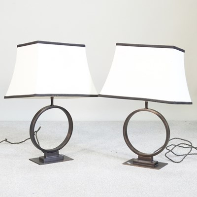 Lot 366 - A pair of metal table lamps, with shades, 61cm...