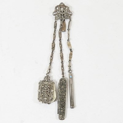 Lot 60 - A 19th century silver chatelaine, suspended...