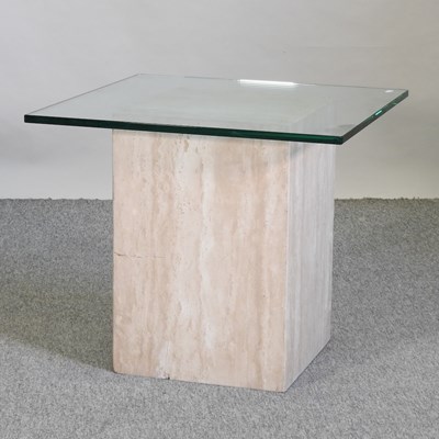 Lot 730 - A modern travertine and glass top occasional table