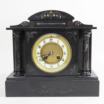 Lot 358 - A Victorian black slate mantle clock, with an...