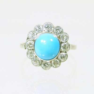 Lot 50 - A large turquoise and diamond cluster ring,...