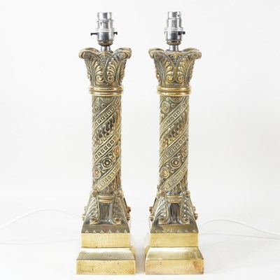 Lot 89 - A pair of brass column table lamps, each 44cm...