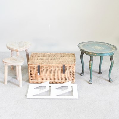 Lot 362 - A wicker hamper, together with two stools,...