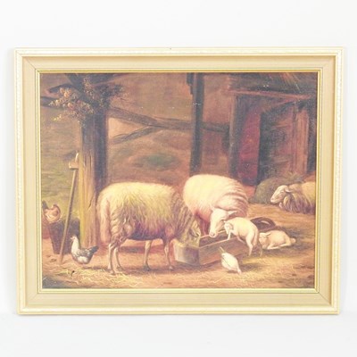 Lot 530 - English school, 20th century, sheep in a barn,...